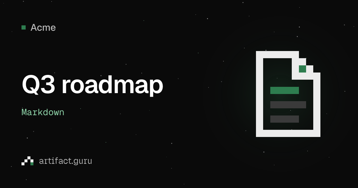 Preview card: Acme, Q3 roadmap, Markdown, with a page drawn in pixels