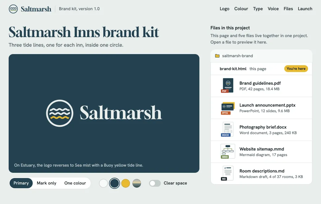 The handoff page shows the new brand’s logo, colors and type. The guidelines PDF and the launch deck sit in the same project.